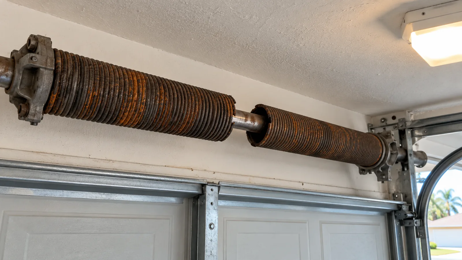 Rusty torsion springs on the metal bar above a closed garage door