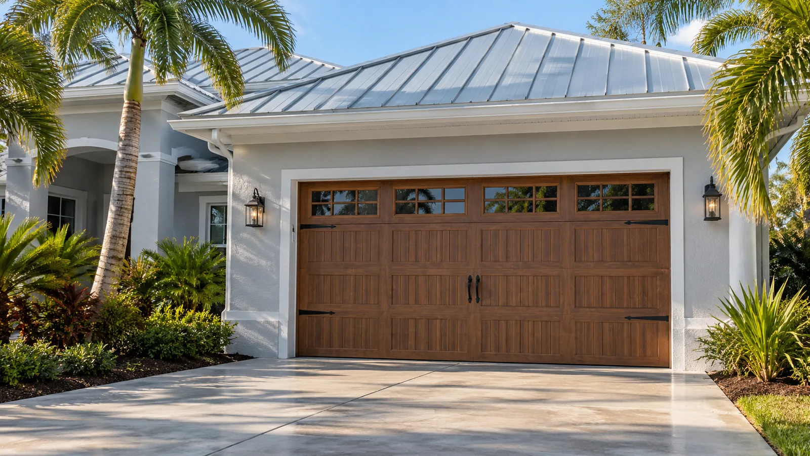 A new carriage style garage door in a warm wood tone on a light gray Florida home