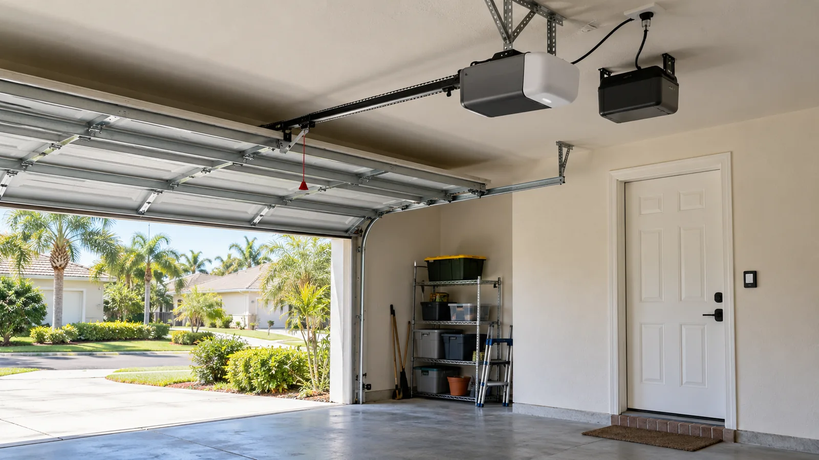 A new belt drive garage door opener mounted on a garage ceiling with a battery backup unit